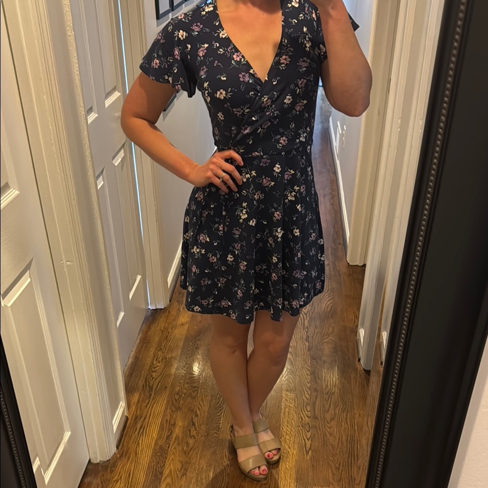 Floral Navy Purple Faux Wrap Dress Keyhole Back Flutter Sleevs